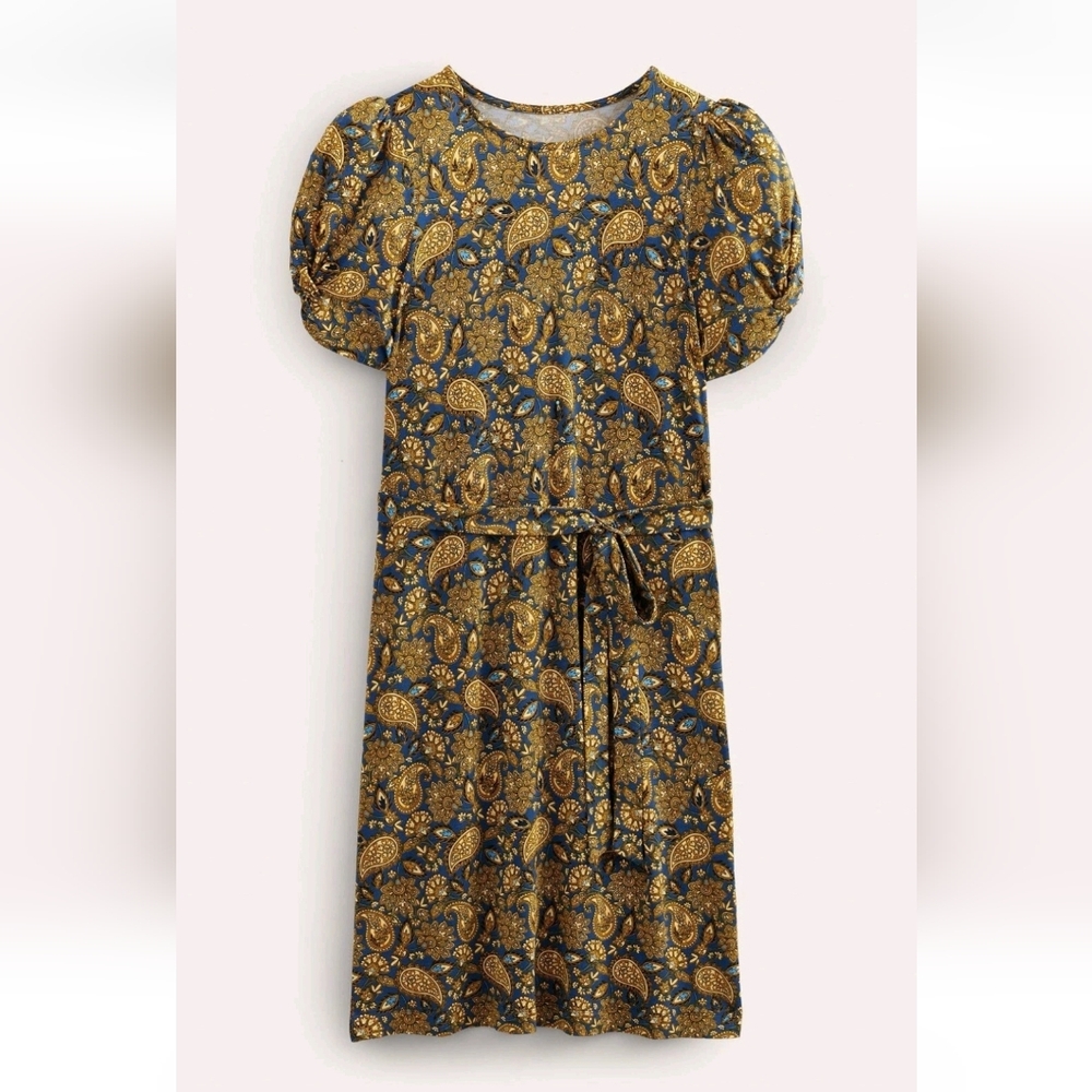 Boden Blue Mustard Yellow Paisley Belted Poof Sleeve Mini Dress Women's Size 4 - Picture 4 of 13
